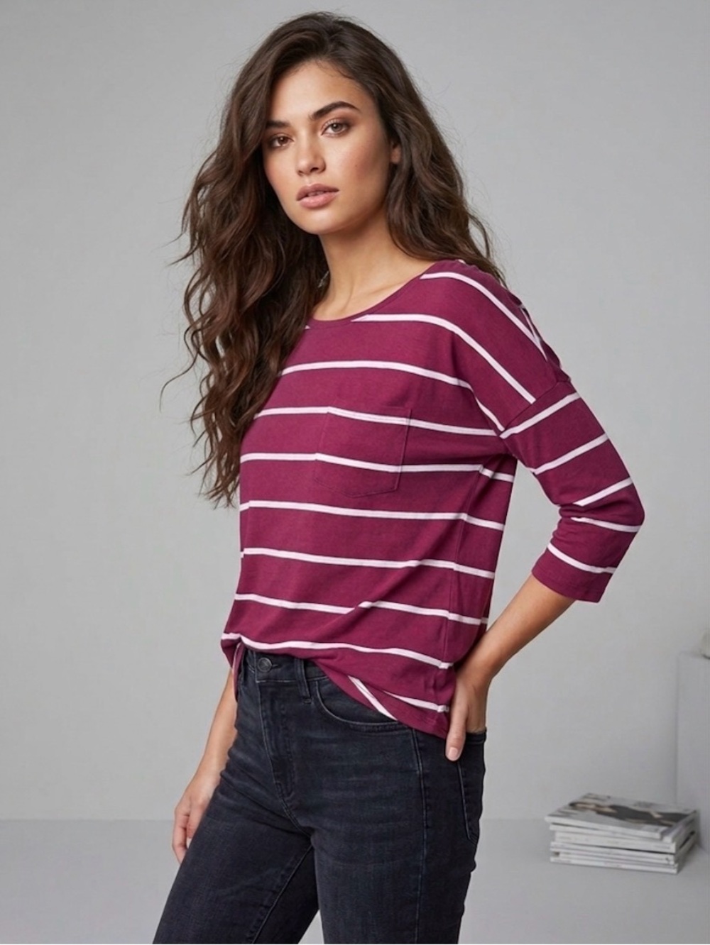 Striped Pocket long Sleeve Top - Wine Pink